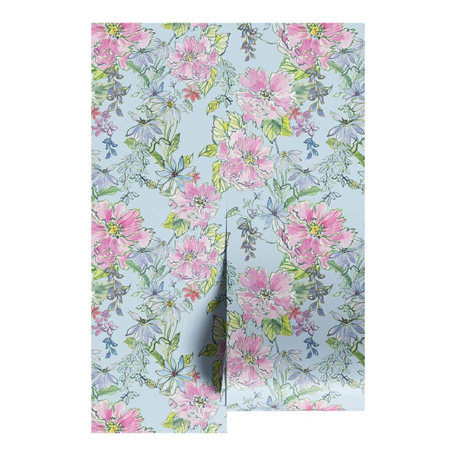 Painter's Garden Blue Floral Grasscloth Wallpaper by House Party | 8 Yards For Sale