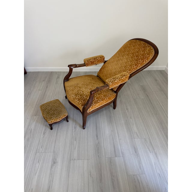 Wood 19th Century Recliner With Velvety Damask Upholstery With Footstool For Sale - Image 7 of 10