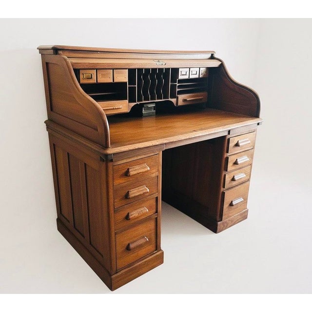Antique English oak roll-top pedestal desk (& matching Antique banker’s / captain’s swivel office chair). 1. Desk...