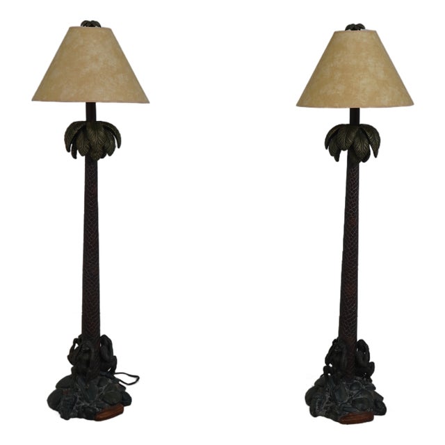 1980s Palm Tree & Monkey Floor Lamps With Shades - a Pair For Sale