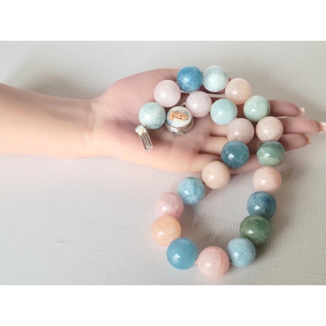 Aquamarine Morganite Beryl Beaded Necklace With Silver Clasp Porcelain Cameo Clasp For Sale - Image 10 of 11