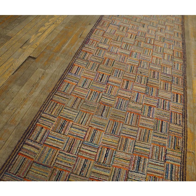1920s Multicolor Basketweave Folk Art American Hooked Rug 3' X 27'5" Handknotted Wool Carpet For Sale In New York - Image 6 of 9