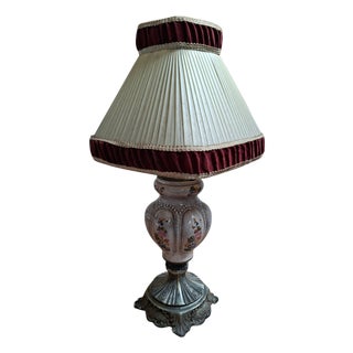 Vintage Hand-Painted Ceramic and Bordeaux Velvet Table Lamp, 1960 For Sale