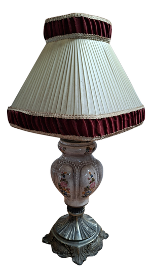 Vintage Hand-Painted Ceramic and Bordeaux Velvet Table Lamp, 1960