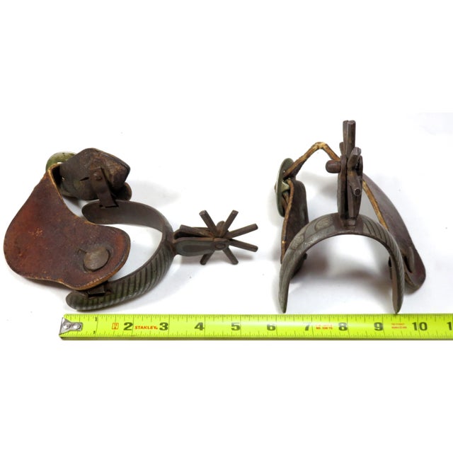 Antique Southwestern Border Region Hand Wrought Iron Sterling Silver Inlay Spurs a Pair For Sale - Image 11 of 13