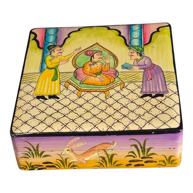 Vintage Bohemian Hand Painted Lacquer Mughal-Style Kashmiri Paper Mache Box W/6 Coasters For Sale - Image 11 of 11