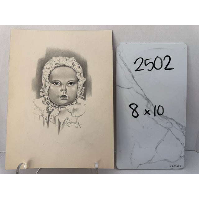 1940s Original Signed Graphite Illustration of Child Portrait in Lace Bonnet, 10 × 8 In. For Sale In Atlanta - Image 6 of 6