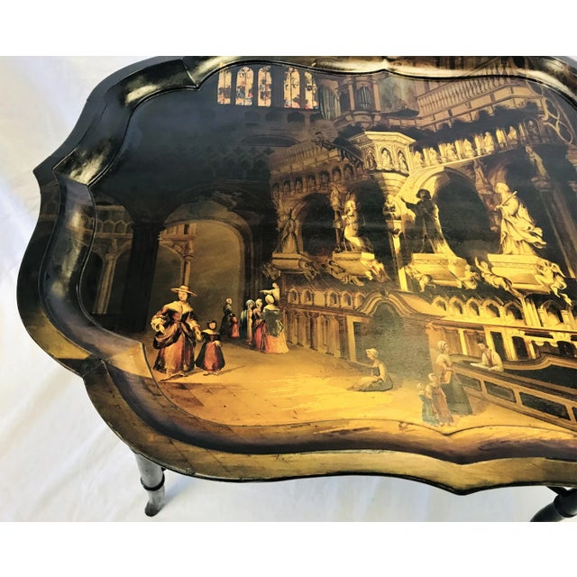 Early 20th Century Antique English Tray Table With Scalloped Edge and Hand Painted Cathedral Artwork For Sale - Image 5 of 13