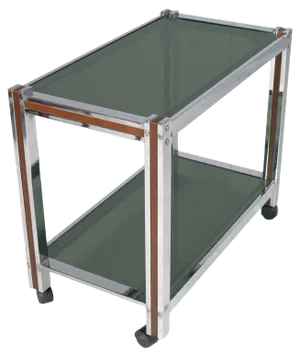 Chrome, Mahogany & Tempered Glass Bar Cart, 1980s
