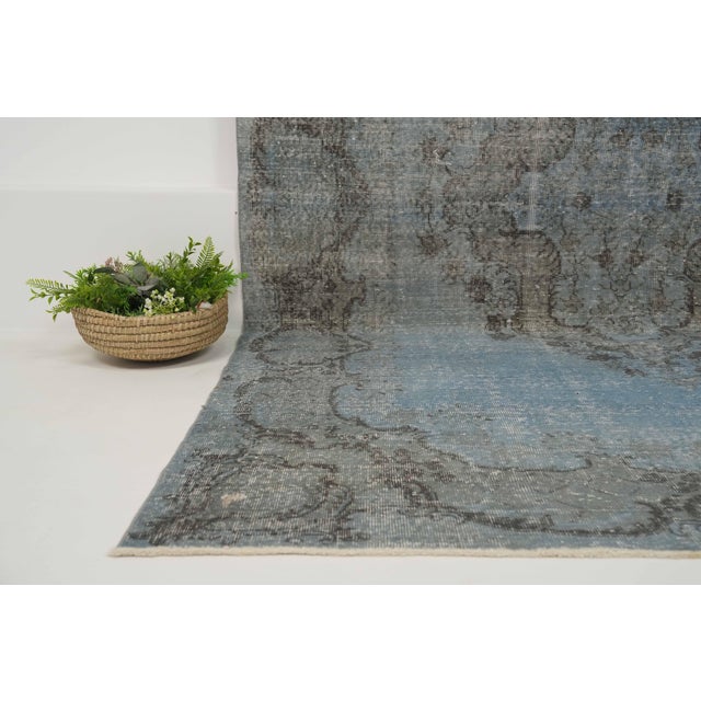 1970s Vintage Turkish Handmade Wool Cotton Blue Area Rug For Sale In San Francisco - Image 6 of 12