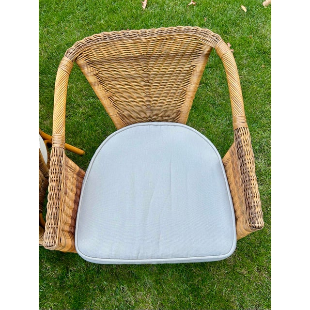 Two Wicker, Rattan and Bamboo Boho Chic Style, Arm Chairs, W/Tan Cushions, 1990’s For Sale - Image 9 of 12