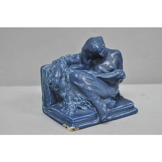 Antique Rookwood Blue Glazed Ceramic Nude Female Figure Reading Book Sculpture Bookend (Single). Item is marked to the...