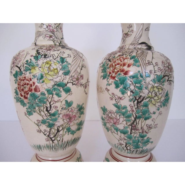 Ceramic Japanese Earthenware Vases with Birds and Butterflies - A Pair For Sale - Image 7 of 10