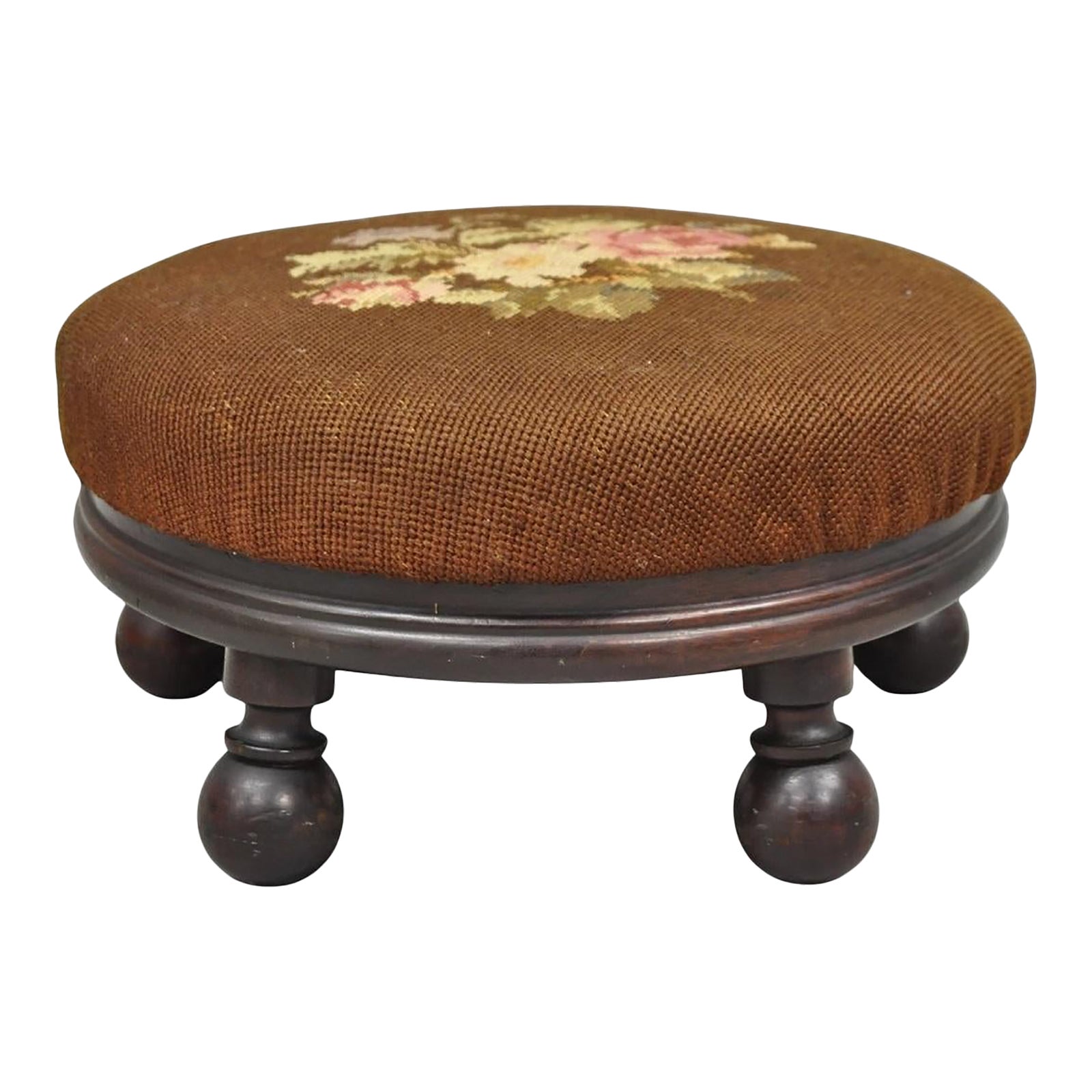 Antique Victorian Round Needlepoint Small Footstool Ottoman W/ 5 Walnut ...