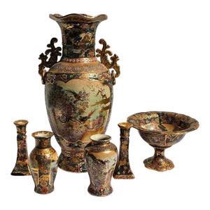 Mid 20th Century Beautiful Satsuma Hand-Painted China Set of Gold Tone 6 Pieces