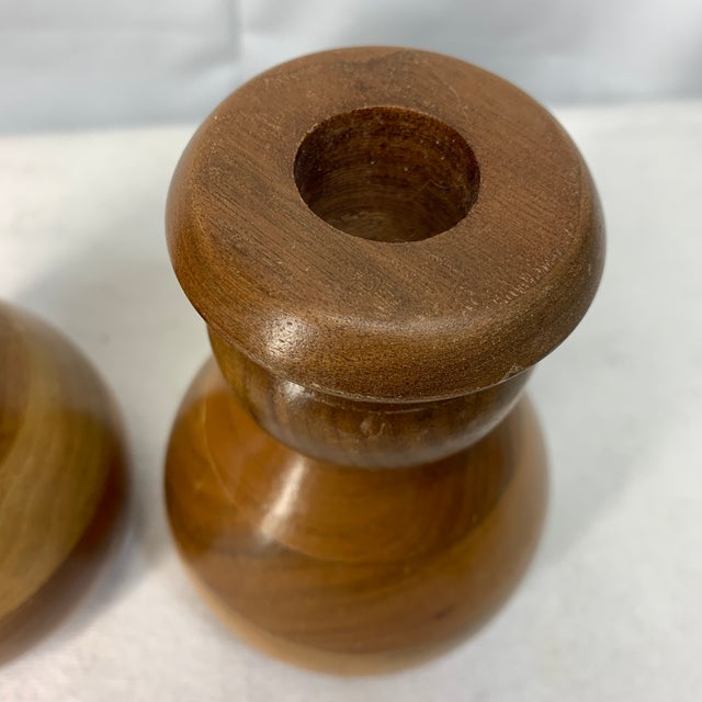 C. 1960s Vintage Hand-Turned Wood Candlestick Holders - Pair For Sale - Image 4 of 5