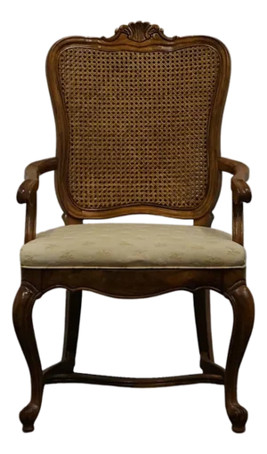 High End Vintage Solid Walnut Louis XV French Provincial Cane Back Dining Arm Chair 640-552