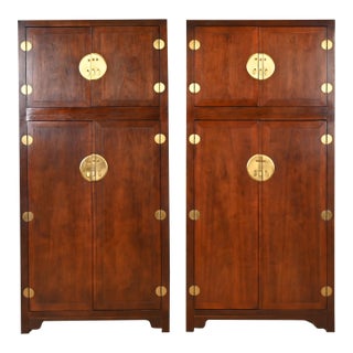 Michael Taylor for Baker Furniture Hollywood Regency Chinoiserie Walnut Armoire Dressers or Bar Cabinets, 1960s For Sale