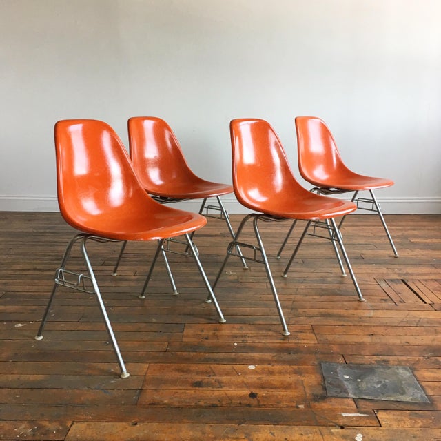 1960s Vintage Herman Miller Eames Orange Fiberglass Shell Chairs Set