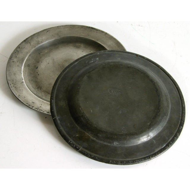 English Antique 18th C. Georgian Distressed English Pewter Dinner Plates From London - a Pair For Sale - Image 3 of 9