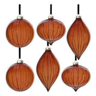 Christmas Glitter Stripe Glass Tree Ornaments, 3 Assorted Designs, Set of 6, Dark Amber For Sale