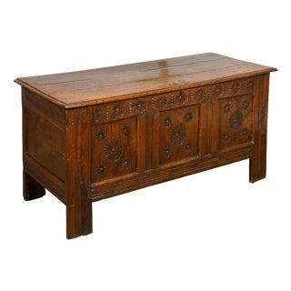 Late 17th Century English Oak Wedding Coffer with Monogram and Carved Rosettes For Sale