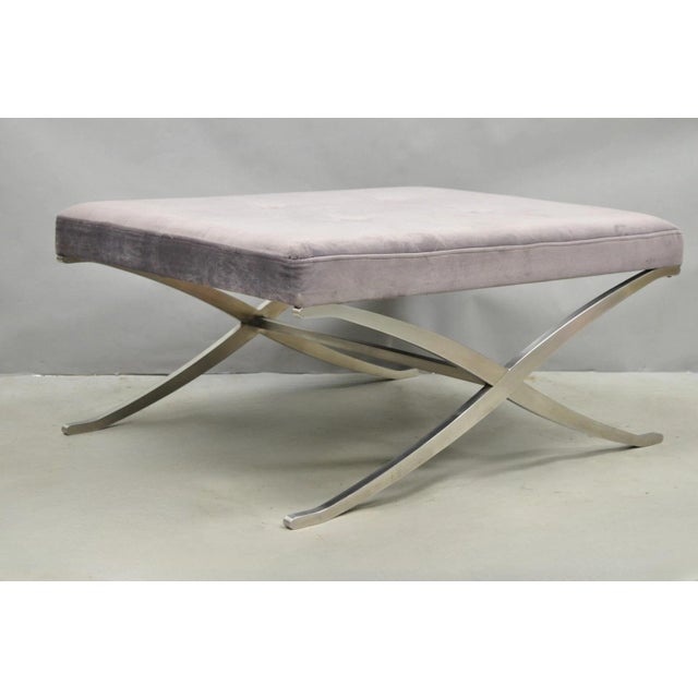 Contemporary Modern Sleek Brushed Chrome Metal Frame X-Form Purple Tufted Large Bench Ottoman. Circa 21st Century, Pre-...