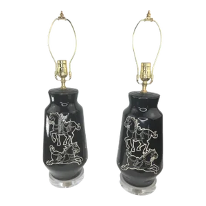 Pair of Mid-Century Black Glazed Ceramic Lamps