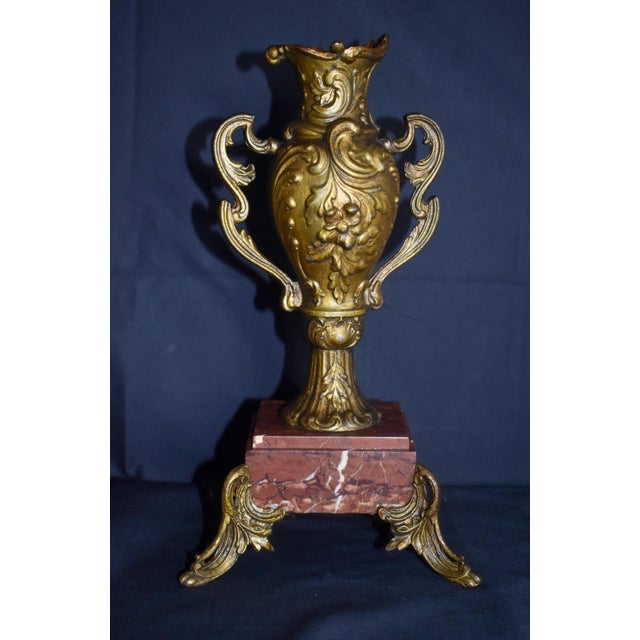 Rococo Antique French Rococo Metal Urn Vase Marble Base Mantle Garniture 19th C For Sale - Image 3 of 17