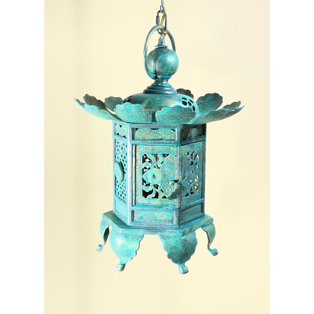Vintage Japanese Patinated Brass Pagoda Temple Lantern / Pendent -17”x 12” For Sale In Miami - Image 6 of 17