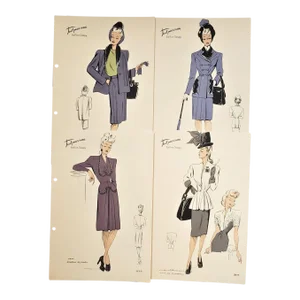 Set of 4-1940s Mid-Century French Fashion Croquis