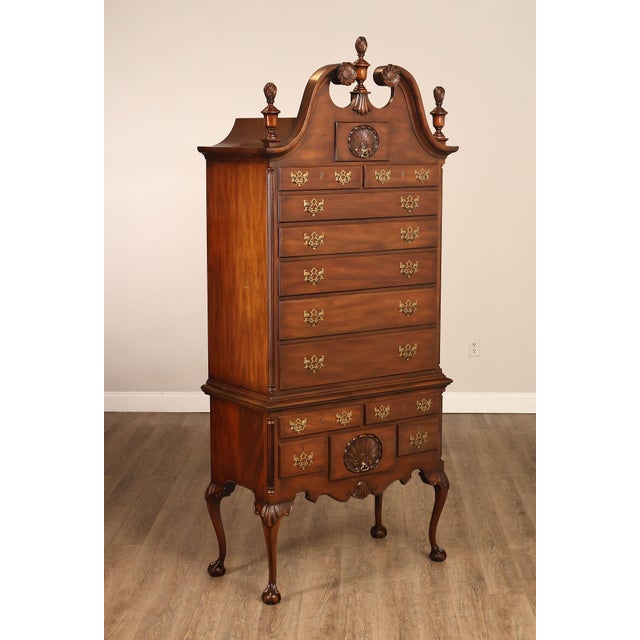 High Quality American Made Carved Mahogany Two Piece Tall Chest or Dresser with Dovetailed Drawers, Mounted on Raised Base...