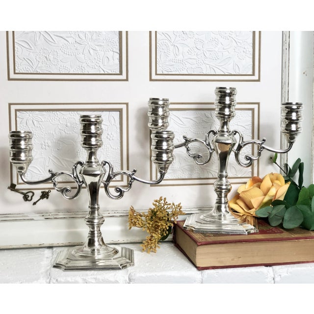 English Vintage Sterling Silver Pilgrim Candelabras Monogramed "B" - a Pair For Sale - Image 3 of 10