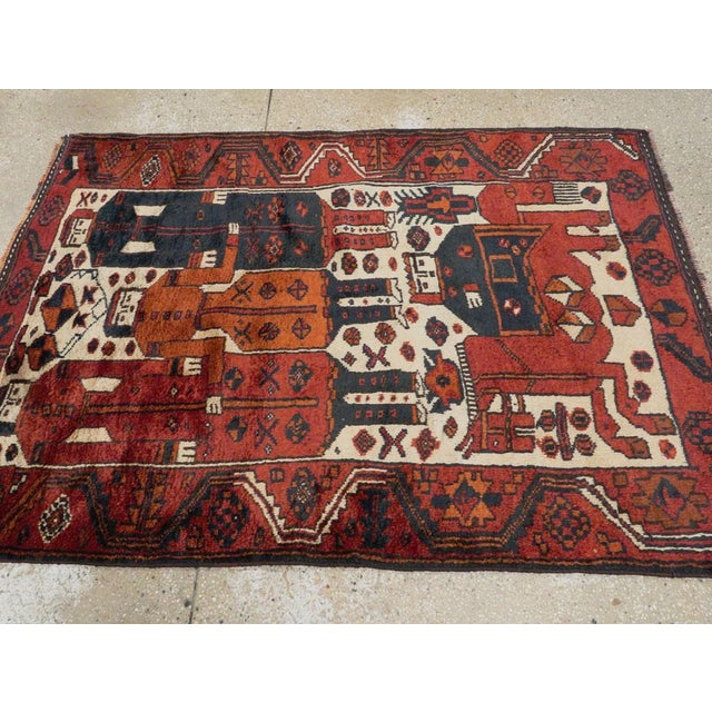 Tribal Mid-20th Century Handmade Persian Bakhtiari Pictorial Accent Rug For Sale In New York - Image 6 of 10