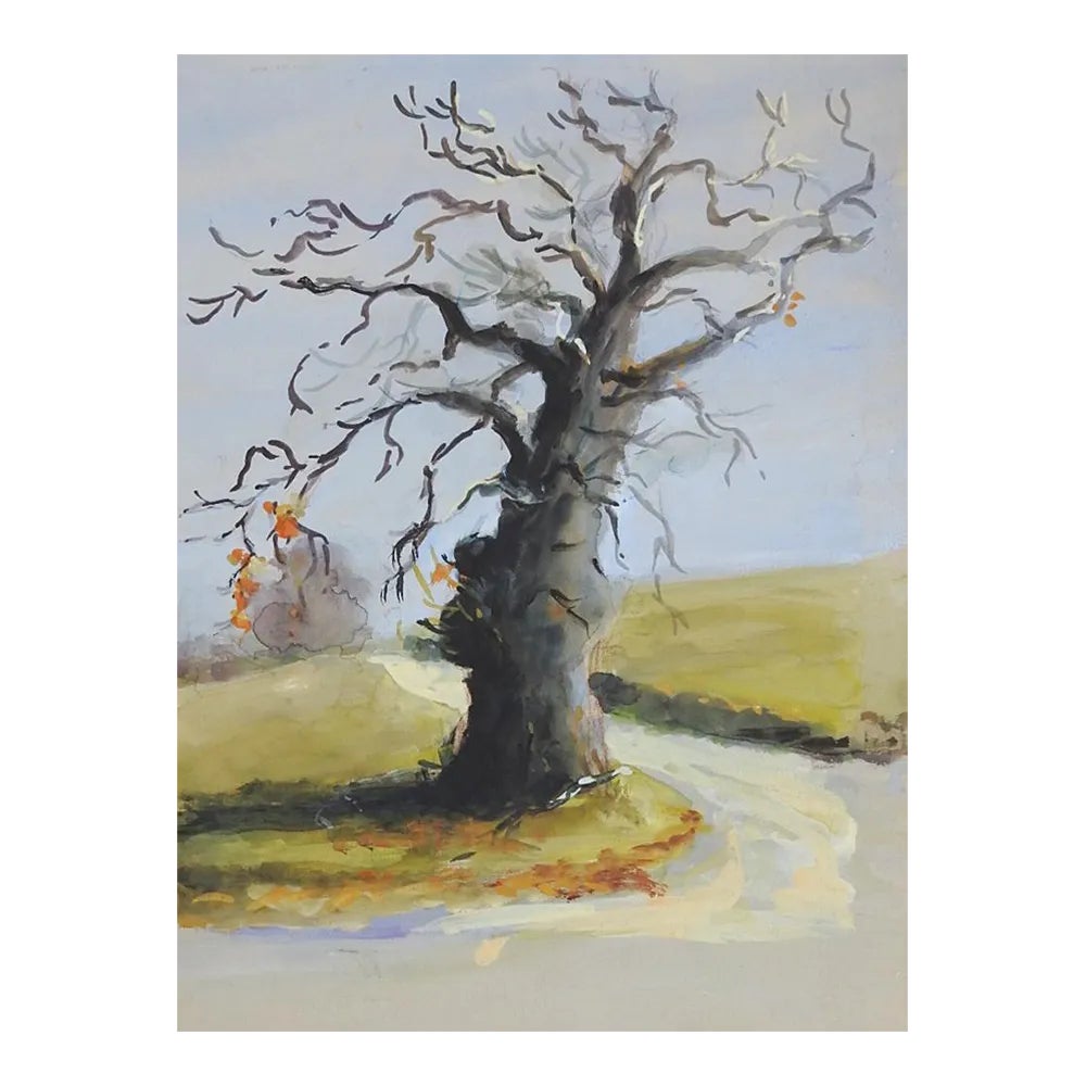 Vintage French Gouache Landscape Lone Tree Painting | Chairish