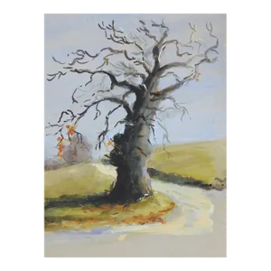 Vintage French Gouache Landscape Lone Tree Painting