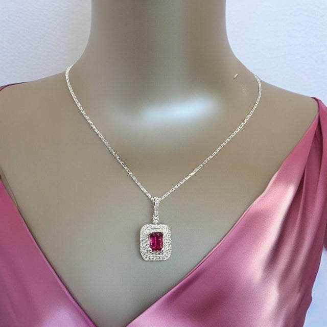 2010s Diamond Rubellite Tourmaline Necklace 18" 18k Gold 1.80 TCW Certified For Sale - Image 5 of 16
