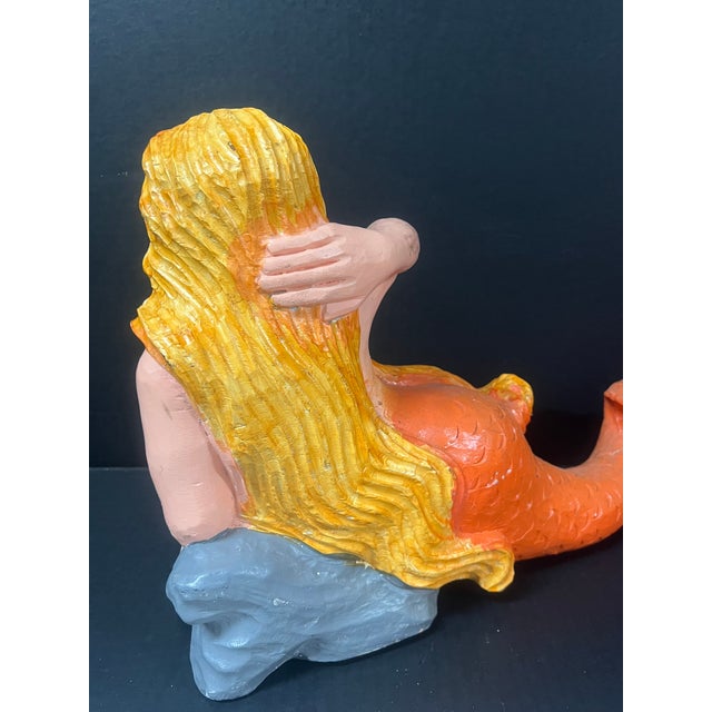 Orange Folk Art Carved Wood Mermaid Sculpture With Gold Haier and Orange Tail and Glass Eyes For Sale - Image 8 of 10