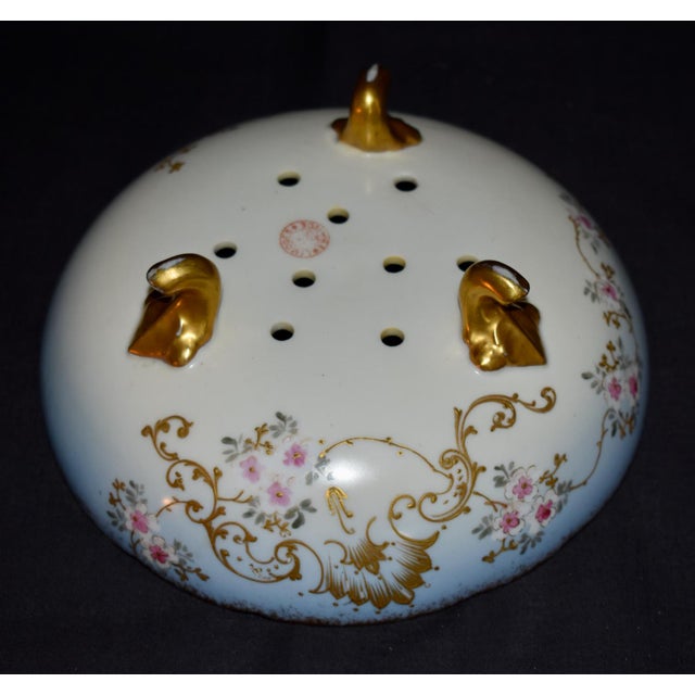 Sky Blue Limoges France Porcelain Colander Antique Berry Bowl Footed Strainer Gilt For Sale - Image 8 of 15