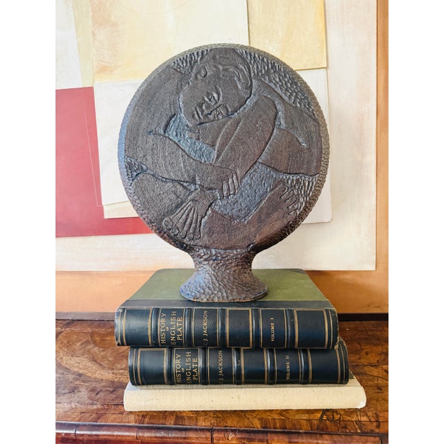 Striking vintage studio pottery sculpture with a strong Mid-Century Modern, Brutalist and WPA-era figurative influence....