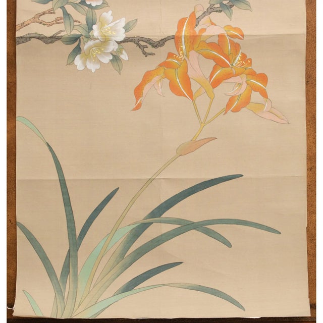 Japanese Post 1940s Showa Era Japanese Silk Scroll "Rosefinch, Camellias and Lilies" For Sale - Image 3 of 12