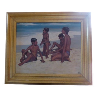 Pablo Matania, Boys on the Beach, Mid Century, Oil on Canvas For Sale