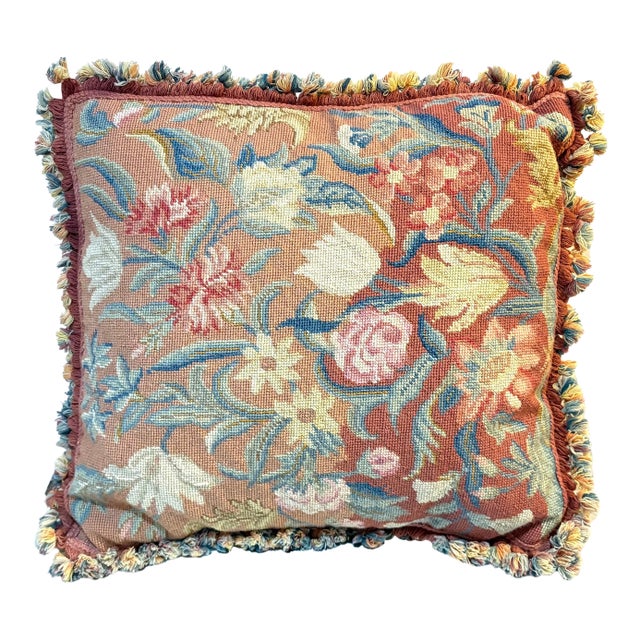 Red Floral Needlepoint Fringed Down-Filled Pillow For Sale