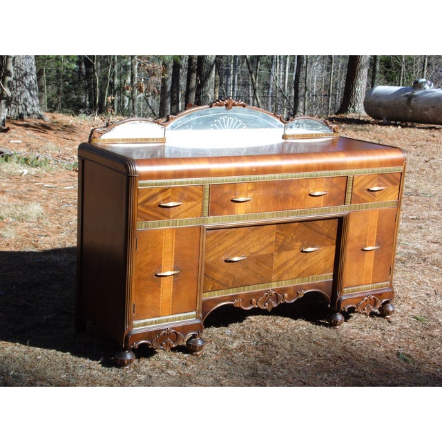 Vintage Walnut Art Deco Waterfall Buffet Server Sideboard Credenza