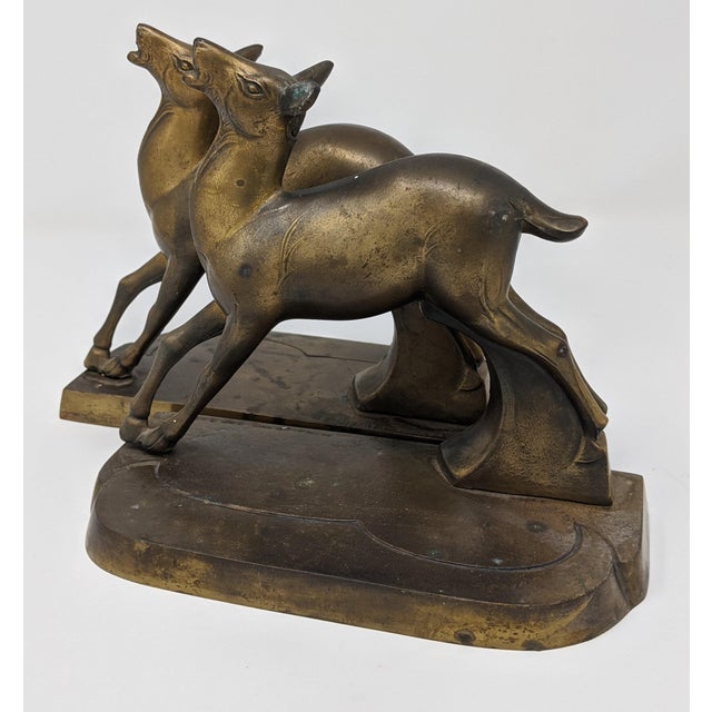 Vintage 1930s Art Deco Patinated Brass Deer Bookends Set of Two (2
