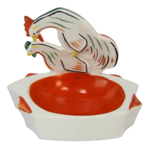 Porcelain Rooster and Hen Ashtray, 1940s
