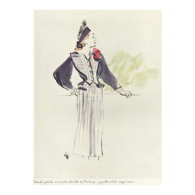 1938 French Fashion Design Print-Chanel, Matted For Sale