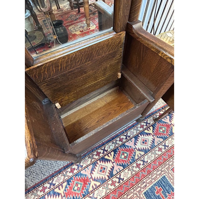 Wood Antique Tiger Oak Hall Tree With Bevelled Mirror & Duck Coat Hooks For Sale - Image 7 of 18