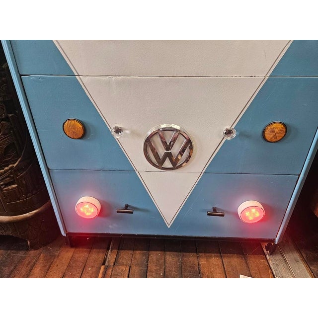 Blue Custom Vintage Vw Bus Waterfall Dresser With Working Headlights For Sale - Image 8 of 8