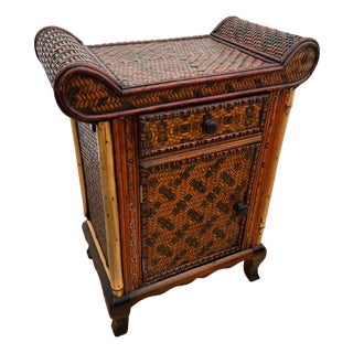 1960s Asian Mid Century Nightstand Cabinet With Drawer Wicker and Bamboo Curved Top For Sale